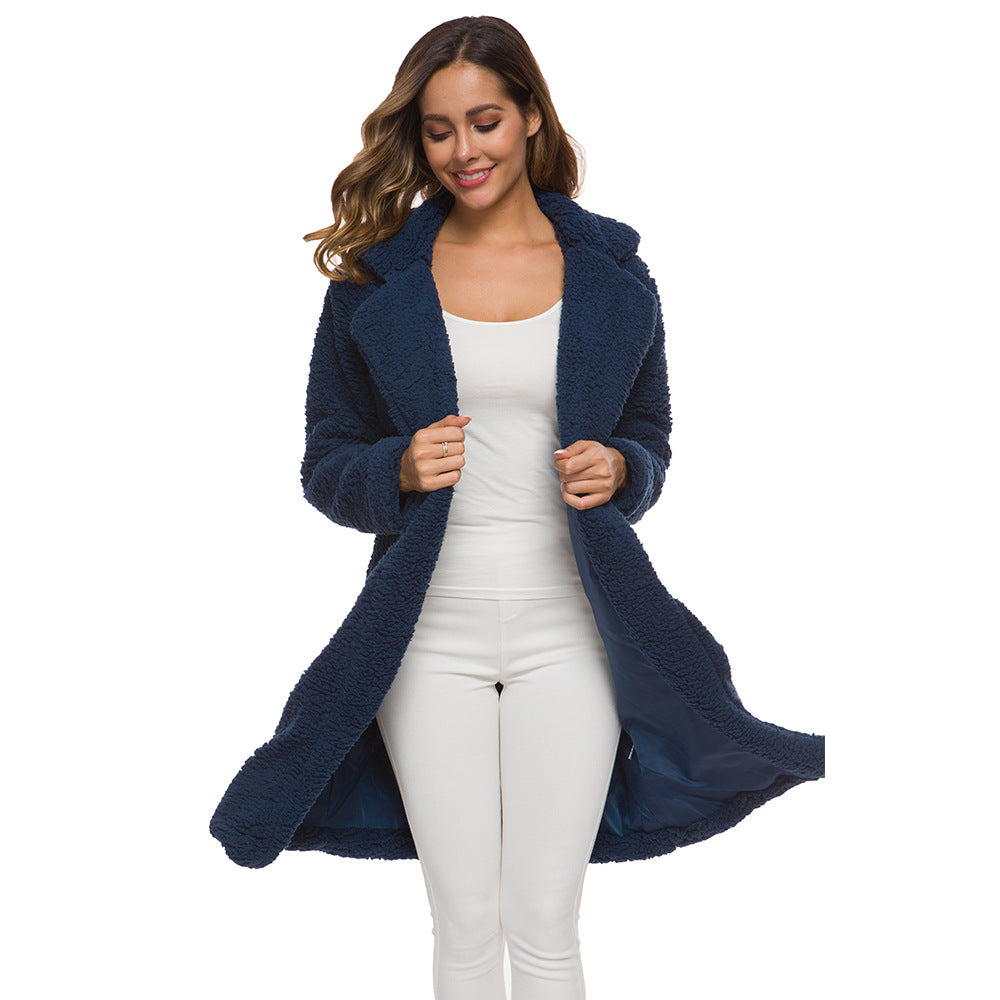 Cardigan à revers en velours d'agneau coupe-vent polaire mi-long pour femme