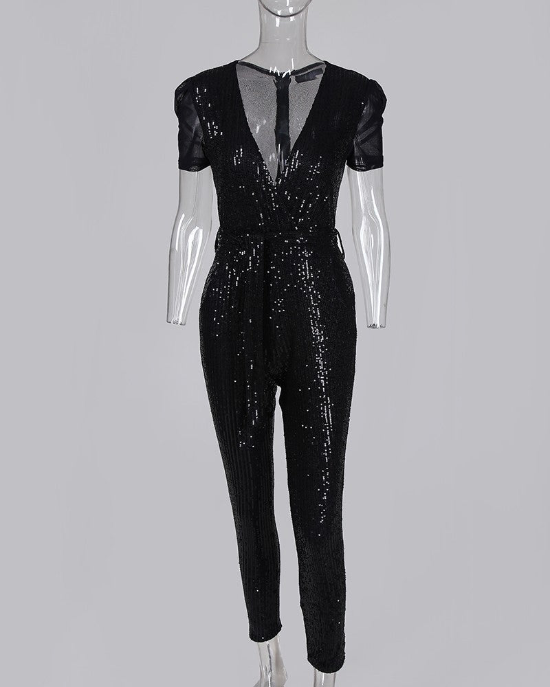 Deep V sequined jumpsuit