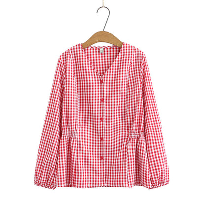 Look Thin And Fat Mm Waist Plaid Long-Sleeved Shirt Top