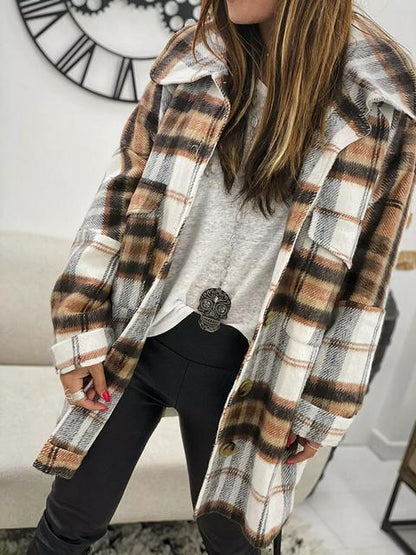 Women's Shirt Lapel Loose Tweed Plaid Coat