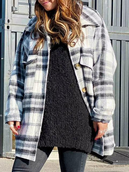 Women's Shirt Lapel Loose Tweed Plaid Coat