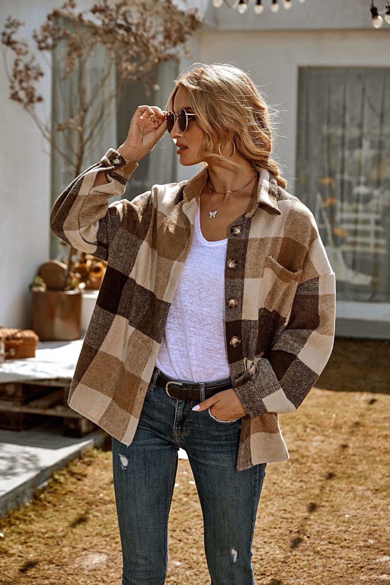 Fashion Lapel Loose Casual Shirt Large Plaid Jacket