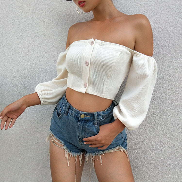 One-Shoulder Lantern Long-Sleeved Blouse Women's Solid Color Short Cropped Navel