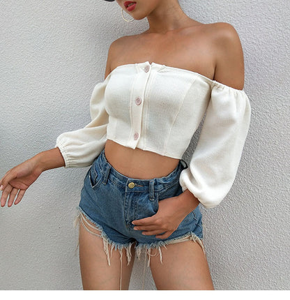 One-Shoulder Lantern Long-Sleeved Blouse Women's Solid Color Short Cropped Navel