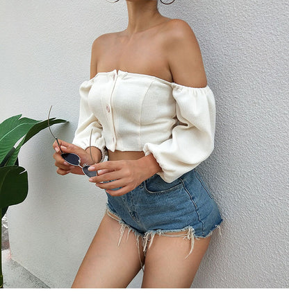 One-Shoulder Lantern Long-Sleeved Blouse Women's Solid Color Short Cropped Navel