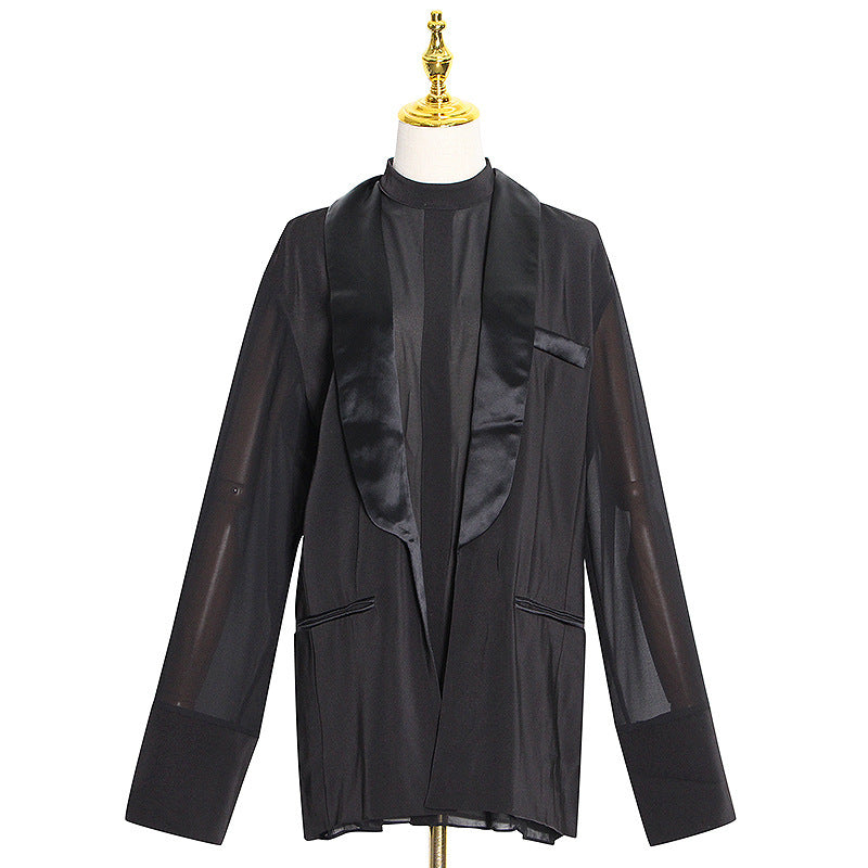 New Style Fashion Temperament Personality Dark Thin Thin Suit Collar Solid Color Jacket Women