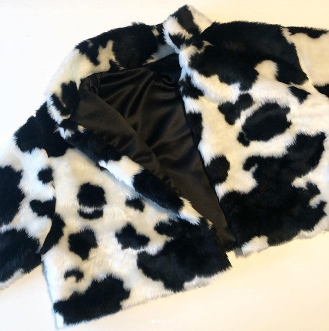 Hip-Hop Punk Black And White Cow Print High Neck Zipper Short Jacket