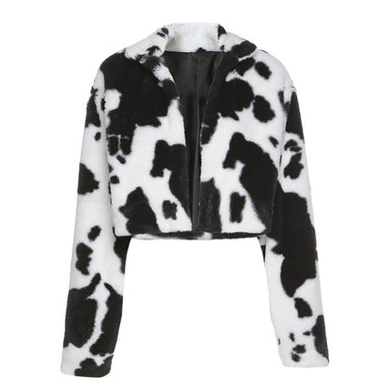 Hip-Hop Punk Black And White Cow Print High Neck Zipper Short Jacket