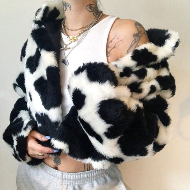 Hip-Hop Punk Black And White Cow Print High Neck Zipper Short Jacket