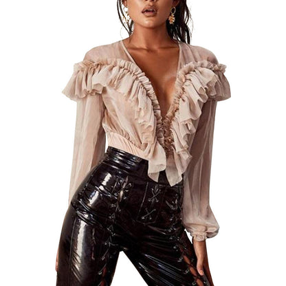 Sexy Open Back Deep-Neck Mesh See-Through Long-Sleeved Shirt Slim Bodysuit