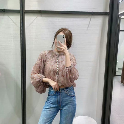 Retro Print Puff Sleeve Short Shirt