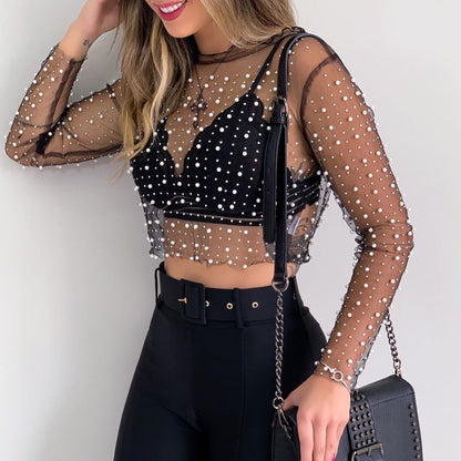 Lace Shirt With Bright Diamond Beads Inside And Outside With Mesh Long Sleeves