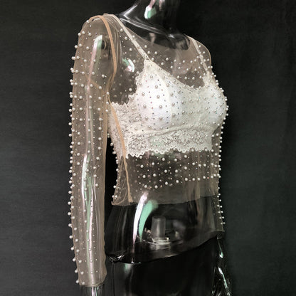 Lace Shirt With Bright Diamond Beads Inside And Outside With Mesh Long Sleeves