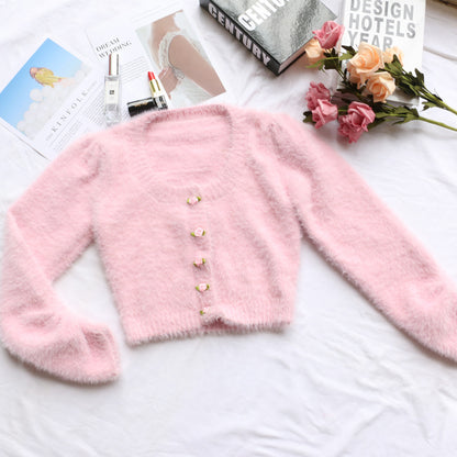 Sweet Fluffy Low Crew Neck Knitted Short Sweater Coat