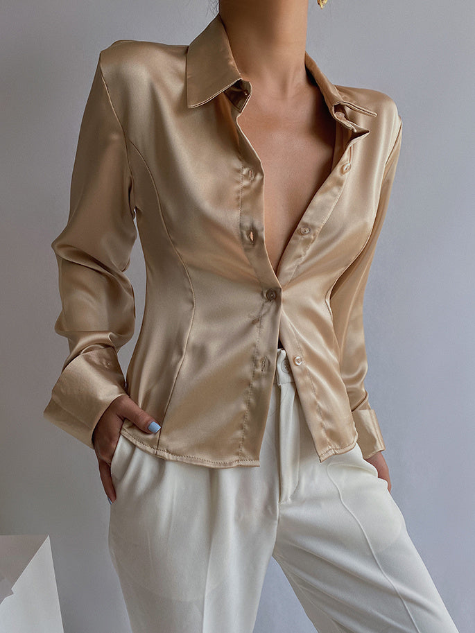 High-quality Cold Wind Gloss Drape Satin Shirt