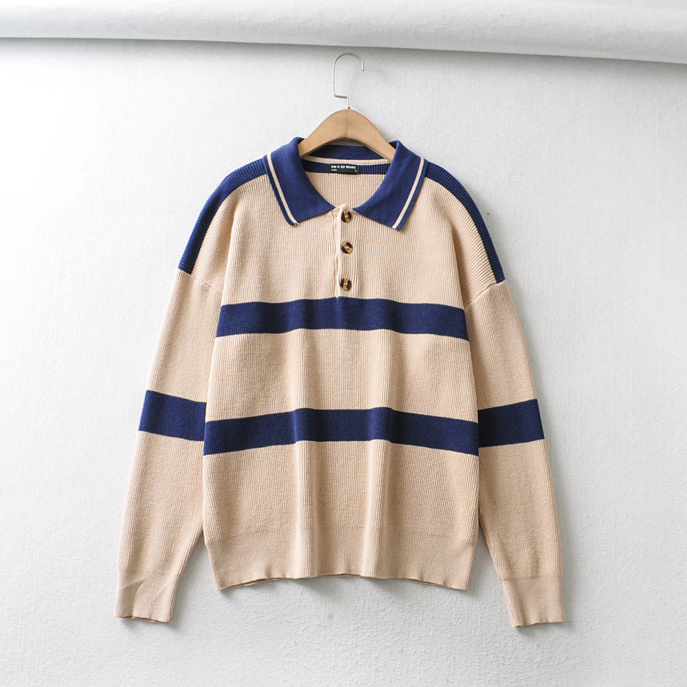 Women's European And American Retro Beige Knit Striped Loose Lazy Sweater