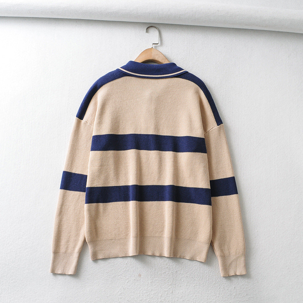 Pull paresseux ample rayé en tricot Beige rétro européen et américain pour femmes