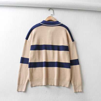 Women's European And American Retro Beige Knit Striped Loose Lazy Sweater