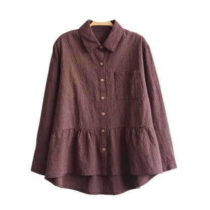 Retro Literary Loose Linen Fine Plaid Skirt Turn Long Sleeve Shirt