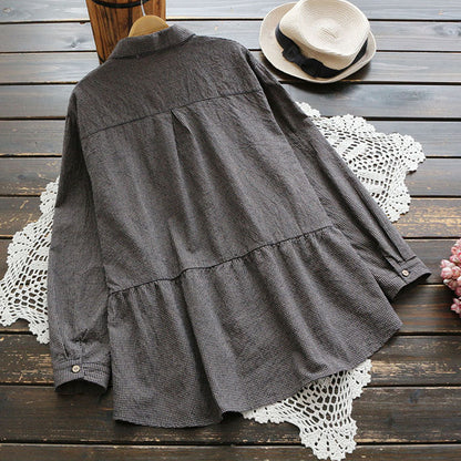 Retro Literary Loose Linen Fine Plaid Skirt Turn Long Sleeve Shirt