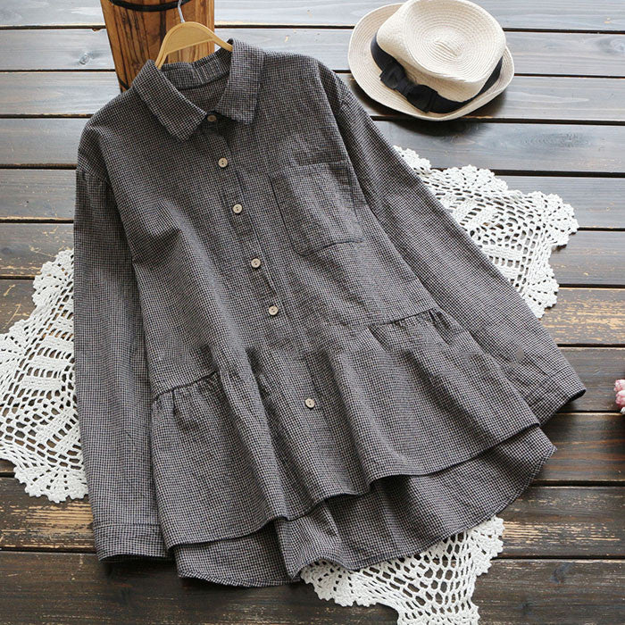 Retro Literary Loose Linen Fine Plaid Skirt Turn Long Sleeve Shirt