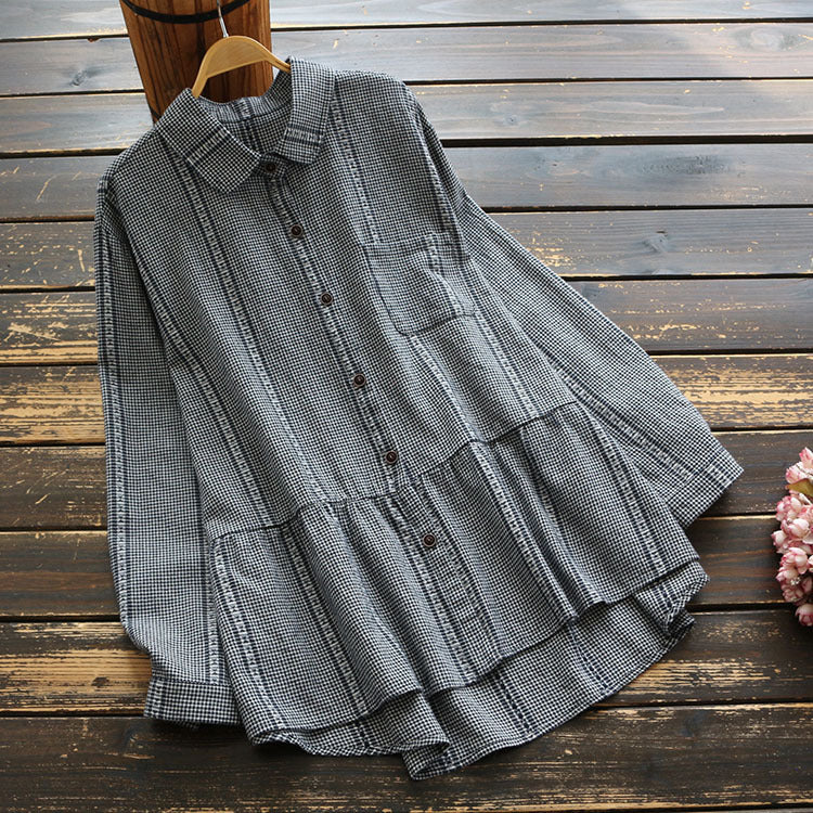 Retro Plaid Cotton And Linen Lapel Mid-Length Skirt Shirt Baby Shirt Top