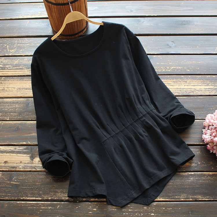 Round Neck Loose Pleated Irregular Hem T-shirt Top