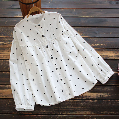 Loose Long-sleeved Polka Dot Printed Shirt With Standing Collar