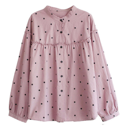 Loose Long-sleeved Polka Dot Printed Shirt With Standing Collar