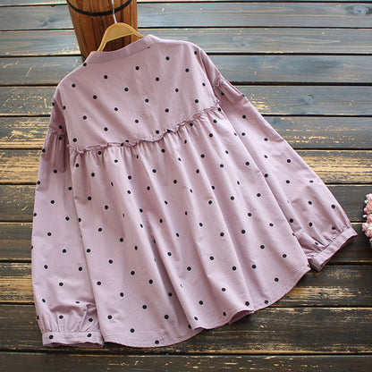 Loose Long-sleeved Polka Dot Printed Shirt With Standing Collar