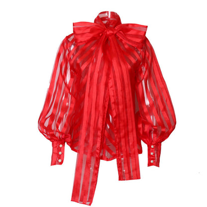 Net Yarn See-through Big Bow Stand Collar Lantern Long Sleeve Slim Shirt