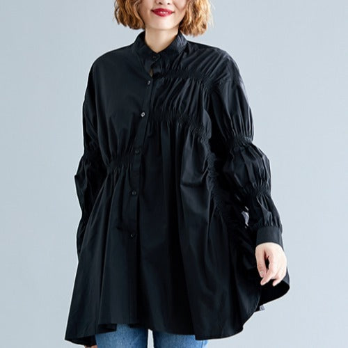 Camisa con cuello levantado de manga larga irregular estilo occidental para mujer talla grande todo fósforo