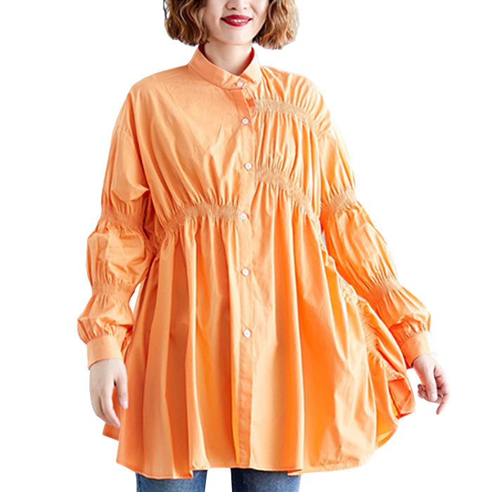 Camisa con cuello levantado de manga larga irregular estilo occidental para mujer talla grande todo fósforo