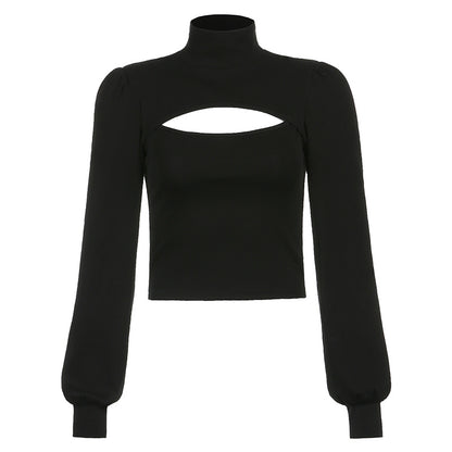 Hollow Puff Sleeve T Shirt Women's Solid Color High Neck Long Sleeve Slim Top