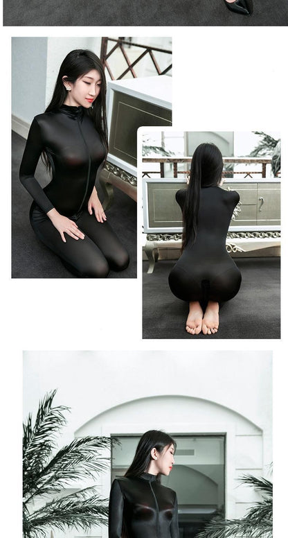 Nightclub Party Crotch See Through Bodycon Jumpsuits High Elasticity  Shiny Sexy Perspective Slim Erotic Women Bodysuit