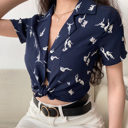 Camisa de manga corta con solapa estampada Suelta para mujer