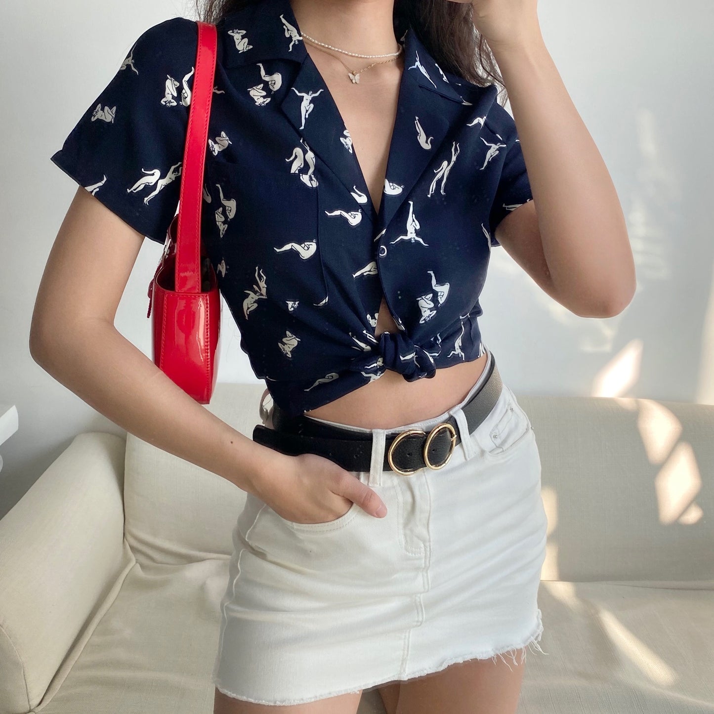 Printed Lapel Short-sleeved Shirt Women Loose