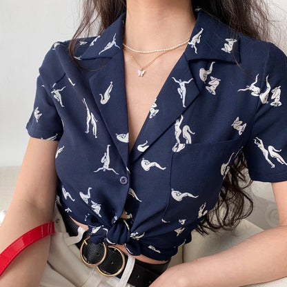 Printed Lapel Short-sleeved Shirt Women Loose