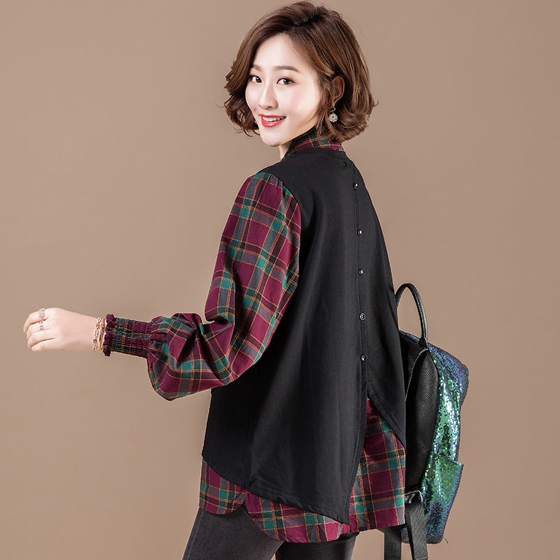 College Style Loose Large Size Fake Two-piece Lattice Stitching