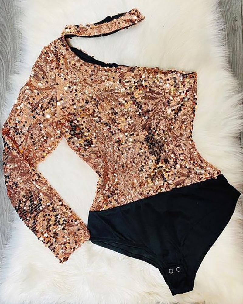 Rose Gold Sequined Long-sleeved Bodysuit