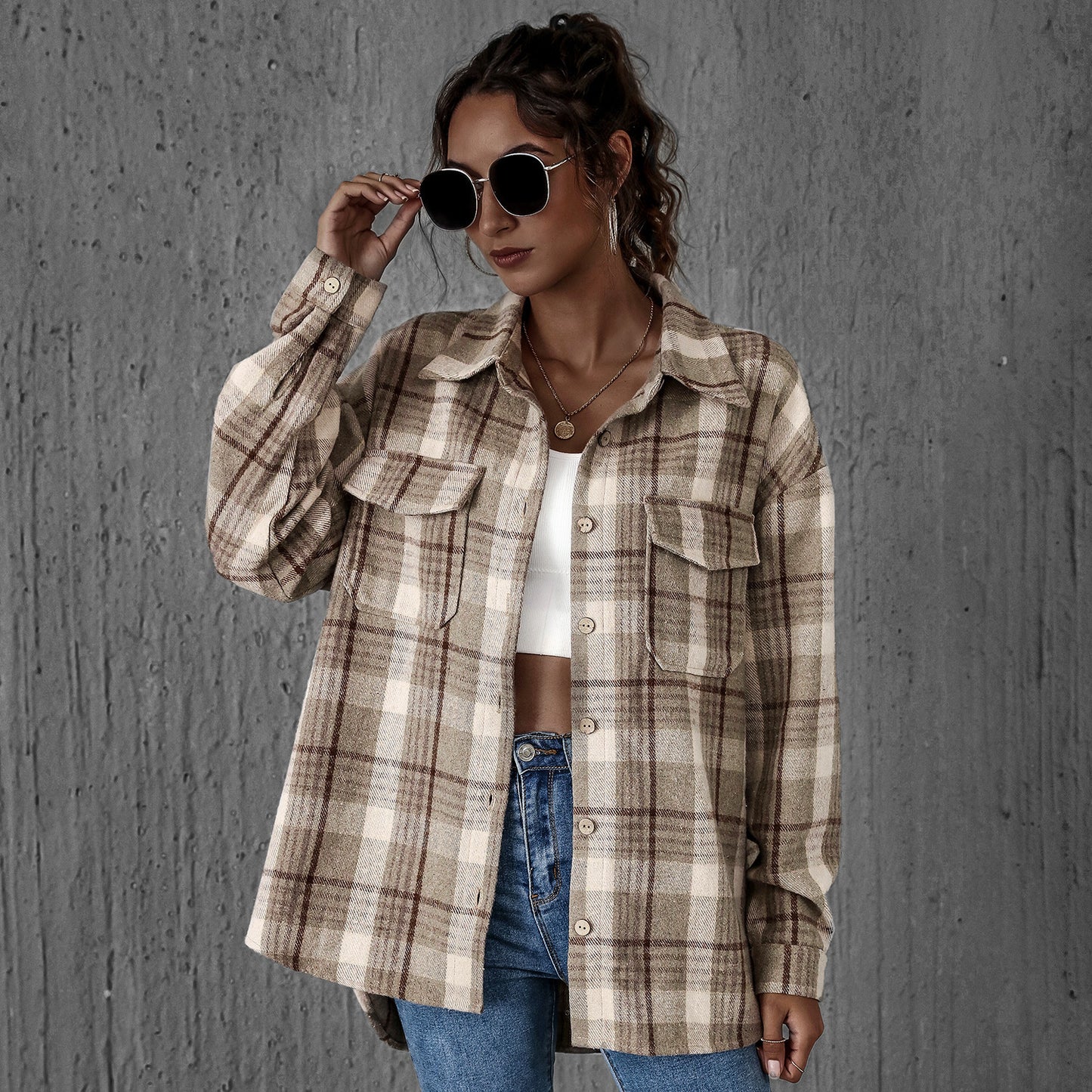 Plaid Cardigan Single Row Long Sleeve Lapel Shirt