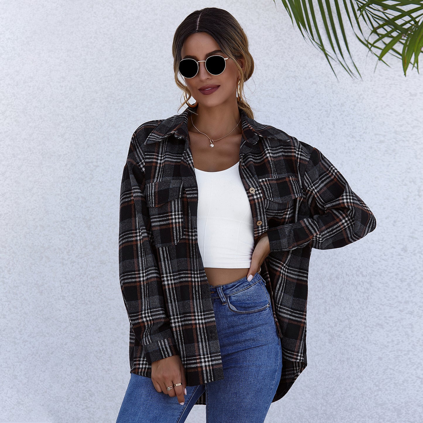 Plaid Cardigan Single Row Long Sleeve Lapel Shirt