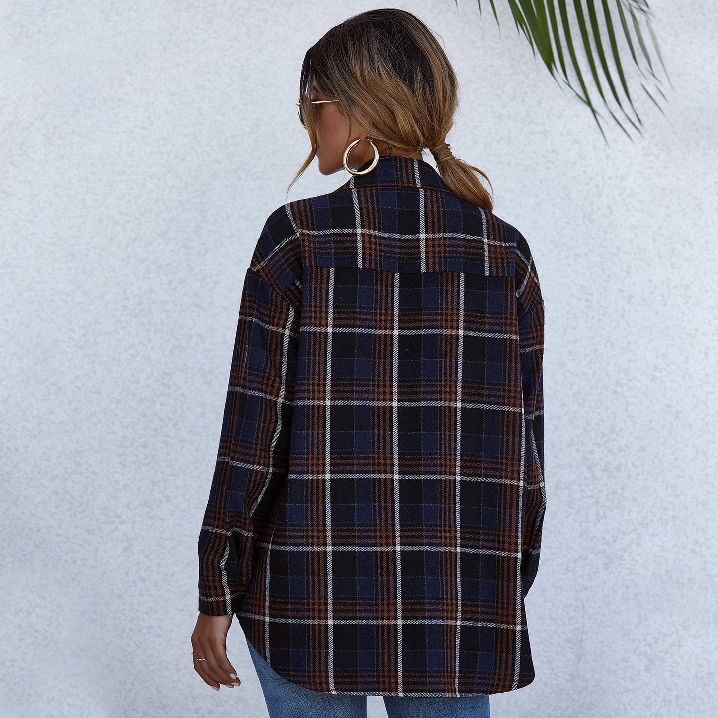 Plaid Cardigan Single Row Long Sleeve Lapel Shirt