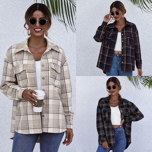 Plaid Cardigan Single Row Long Sleeve Lapel Shirt