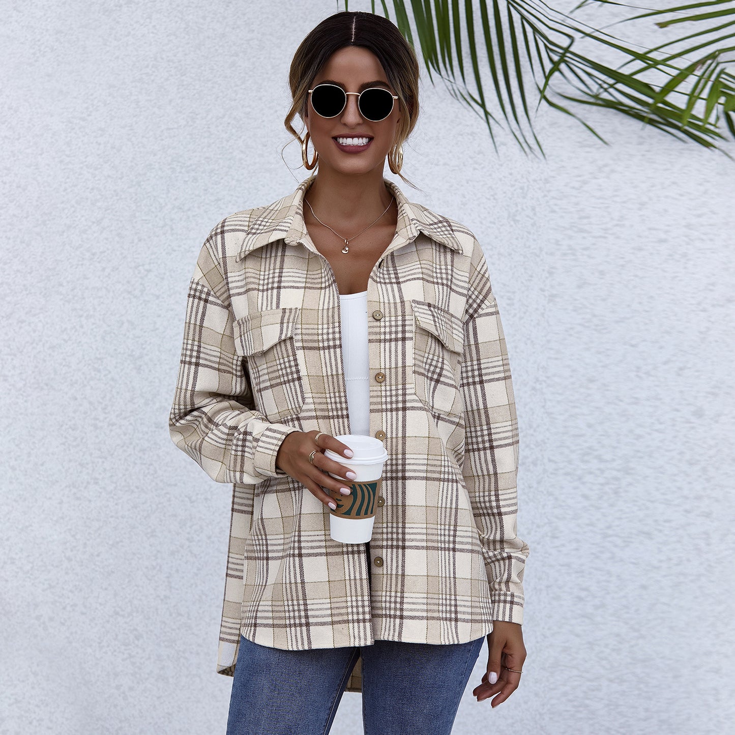 Plaid Cardigan Single Row Long Sleeve Lapel Shirt