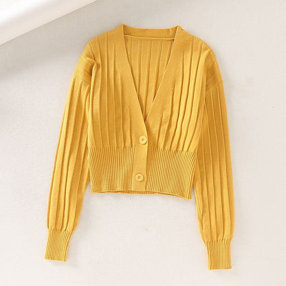 Knitted Pit Striped Cardigan Retro Waist Buttoned Sweater Autumn New Women's Clothing