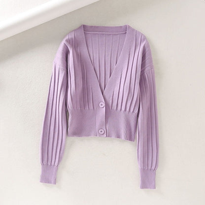 Knitted Pit Striped Cardigan Retro Waist Buttoned Sweater Autumn New Women's Clothing