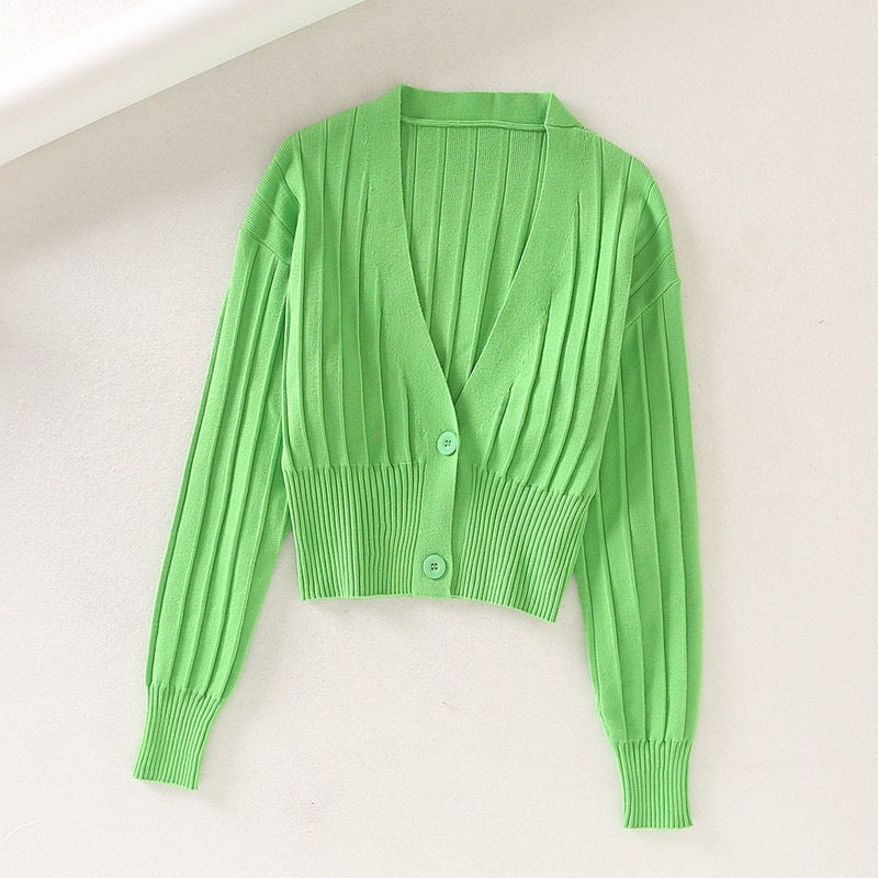 Knitted Pit Striped Cardigan Retro Waist Buttoned Sweater Autumn New Women's Clothing