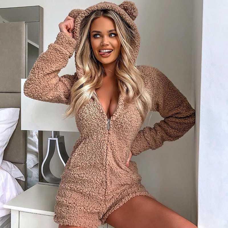 Hooded Long Sleeve Plush Jumpsuit