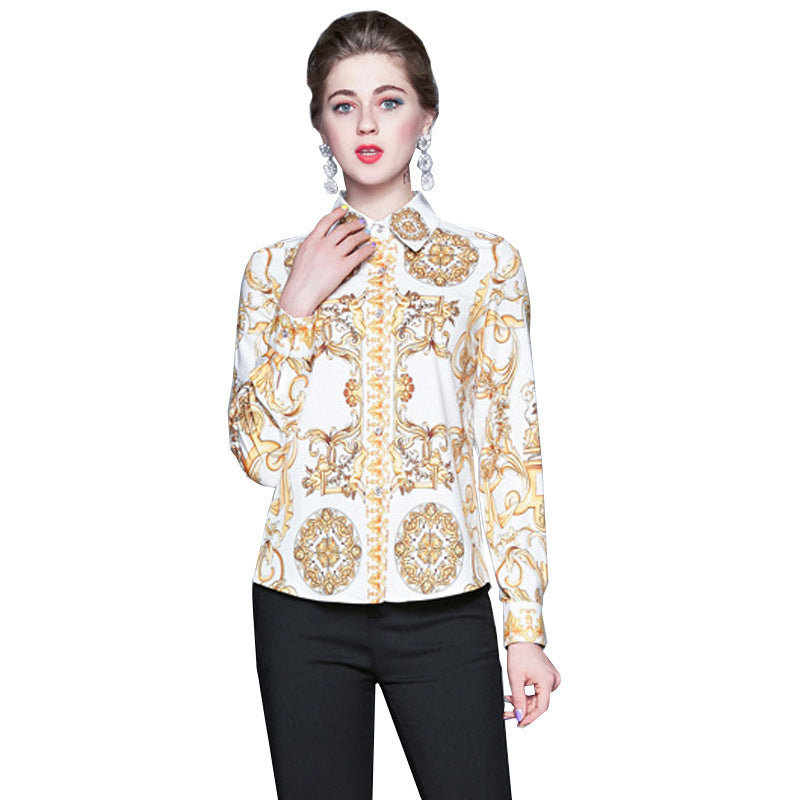 Lapel Print Slim Women's Long Sleeve Shirt